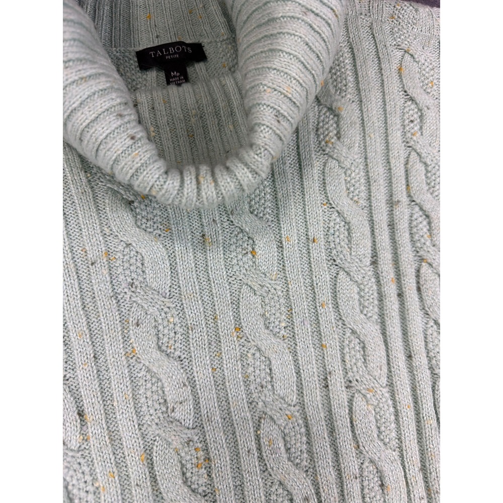 Talbots Petite Sweater Womens Medium P Light Green Speckled Cable Knit Classic‎